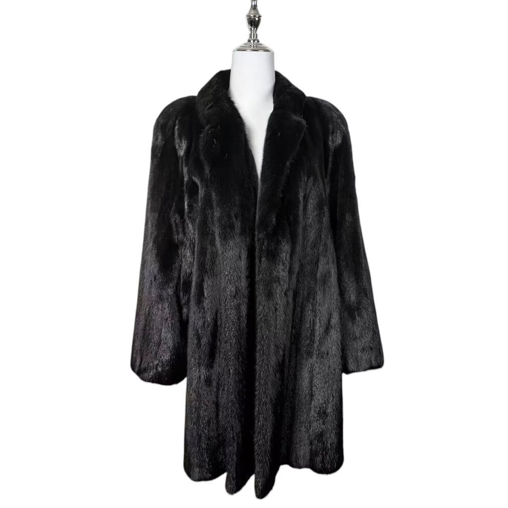 LUXURY REAL MINK FUR COAT LONG JACKET BLACK SIZE XL WARM FROM JAPAN