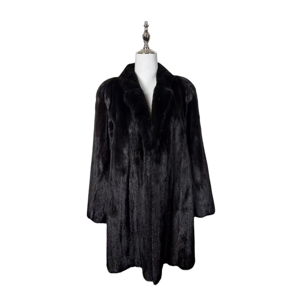 LUXURY REAL MINK FUR COAT LONG JACKET BLACK SIZE XL WARM FROM JAPAN