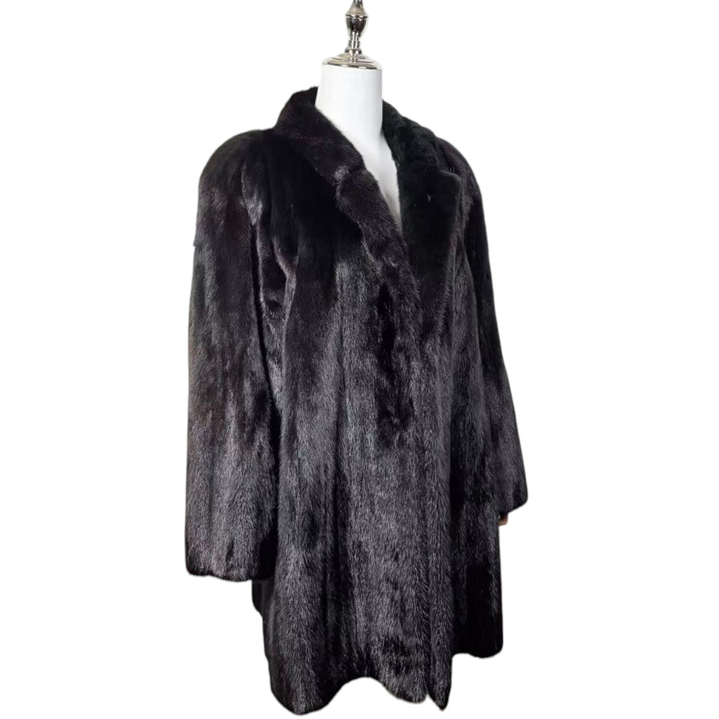 LUXURY REAL MINK FUR COAT LONG JACKET BLACK SIZE XL WARM FROM JAPAN