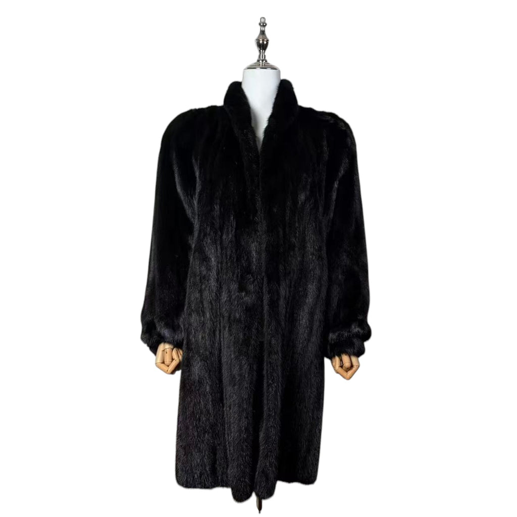 SAGA MINK REAL FUR COAT LONG JACKET BLACK SIZE M EMBROIDERED LINING JAPAN