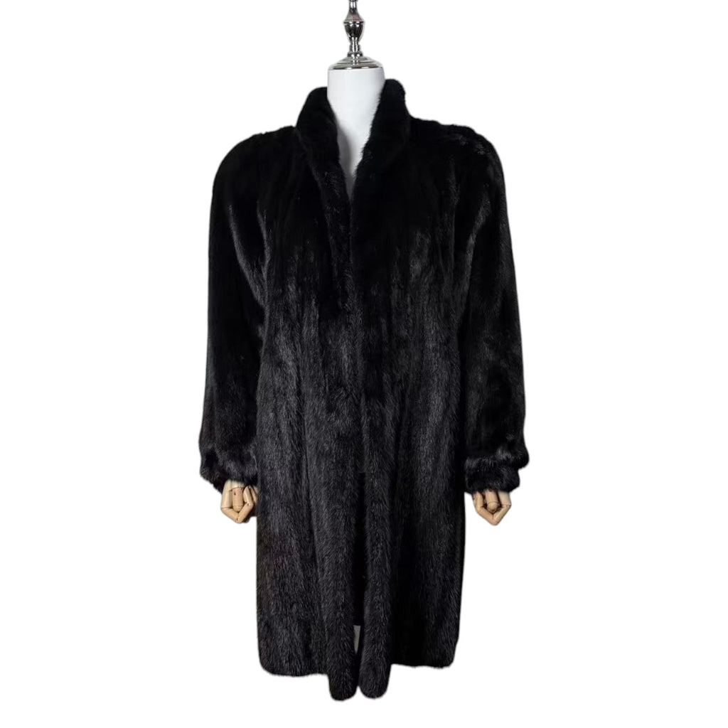 SAGA MINK REAL FUR COAT LONG JACKET BLACK SIZE M EMBROIDERED LINING JAPAN