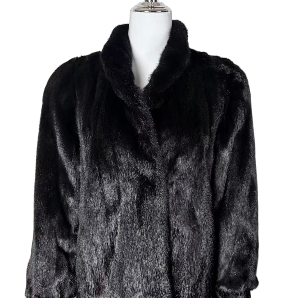 SAGA MINK REAL FUR COAT LONG JACKET BLACK SIZE M EMBROIDERED LINING JAPAN