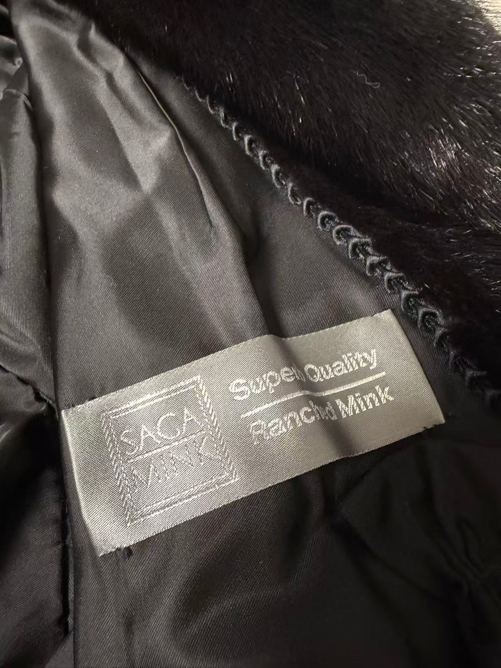 SAGA MINK REAL FUR COAT LONG JACKET BLACK SIZE M EMBROIDERED LINING JAPAN