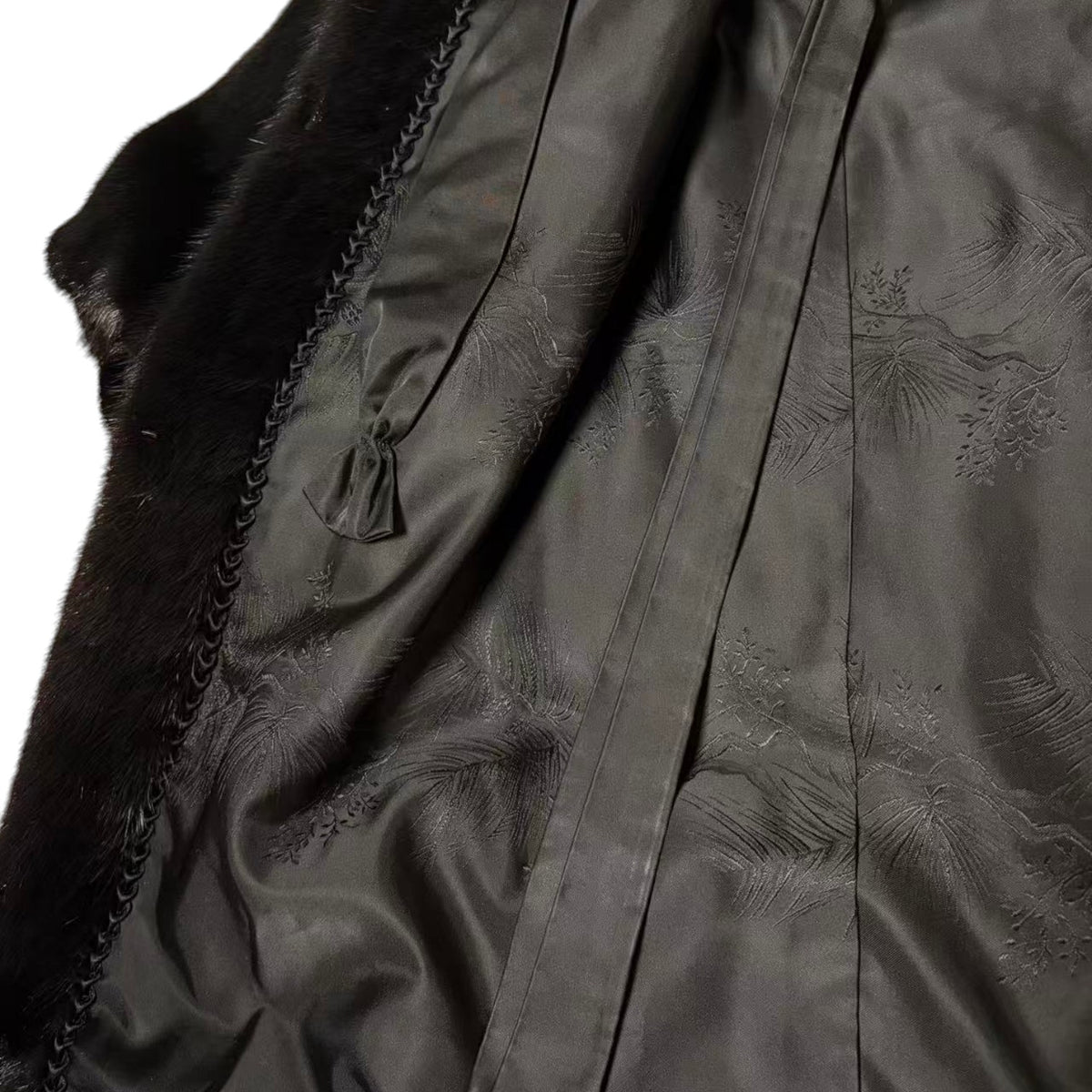 SAGA MINK REAL FUR COAT LONG JACKET BLACK SIZE M EMBROIDERED LINING JAPAN