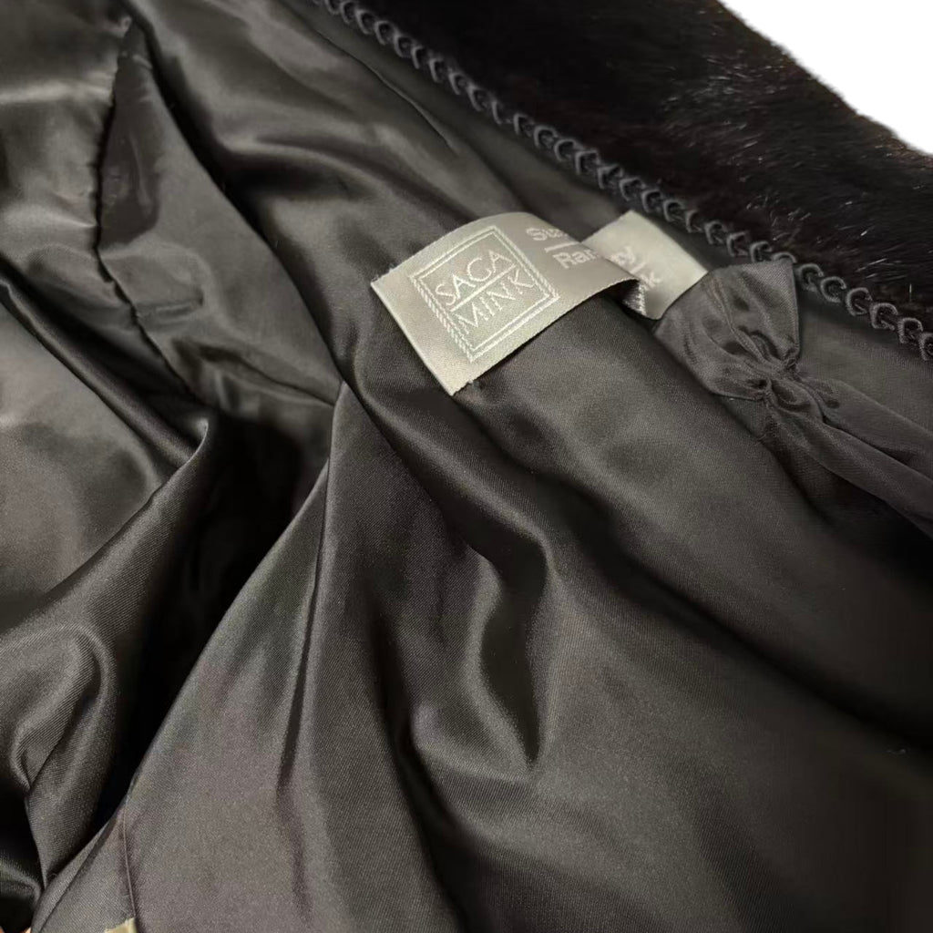 SAGA MINK REAL FUR COAT LONG JACKET BLACK SIZE M EMBROIDERED LINING JAPAN