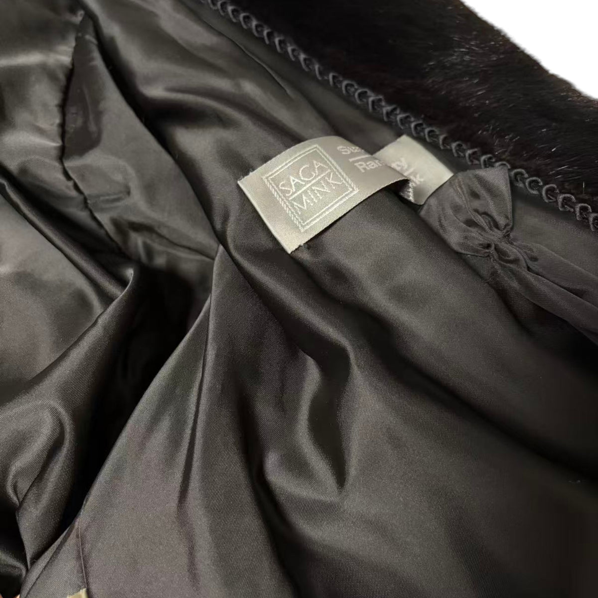 SAGA MINK REAL FUR COAT LONG JACKET BLACK SIZE M EMBROIDERED LINING JAPAN