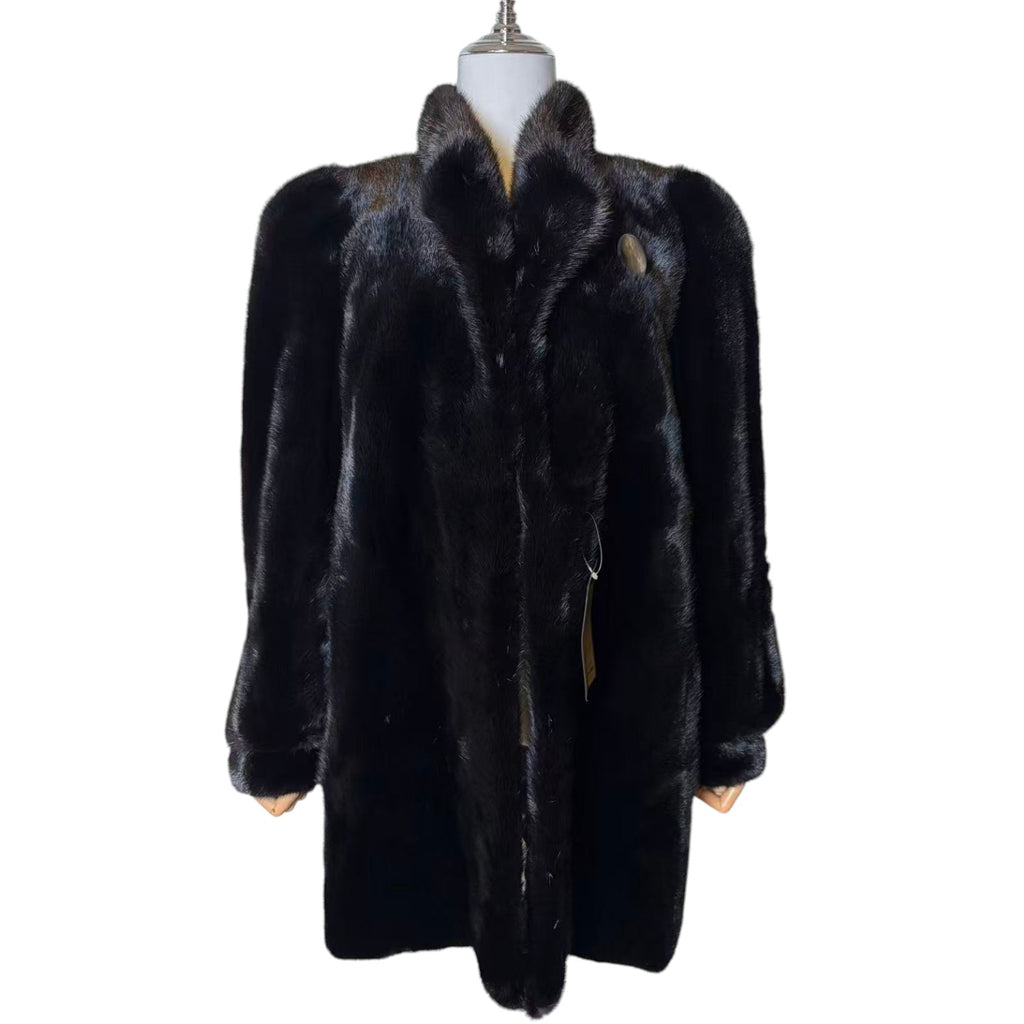 SAGA MINK REAL FUR COAT JACKET MID-LENGTH BLACK SIZE XL FROM JAPAN