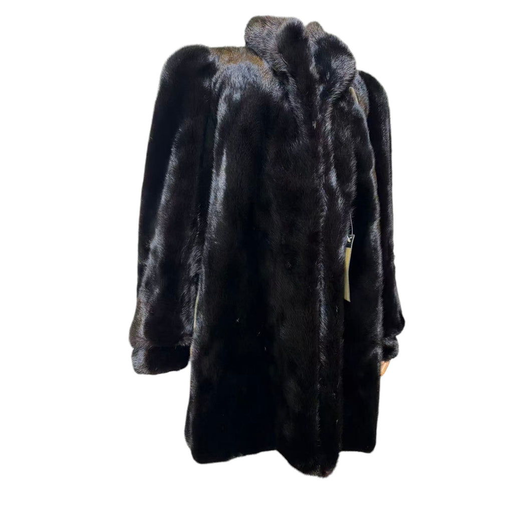SAGA MINK REAL FUR COAT JACKET MID-LENGTH BLACK SIZE XL FROM JAPAN