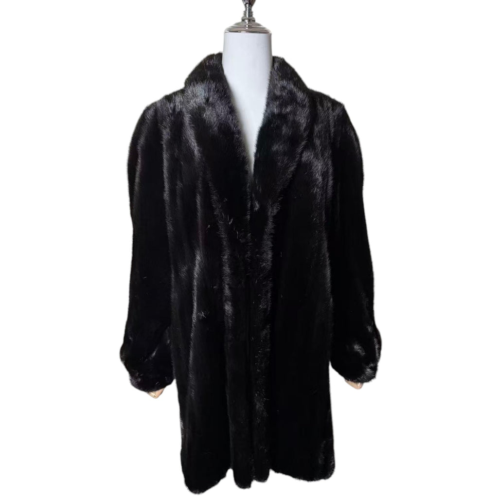 REAL MINK FUR COAT JACKET MID-LENGTH SHAWL COLLAR BLACK SIZE M FROM JAPAN