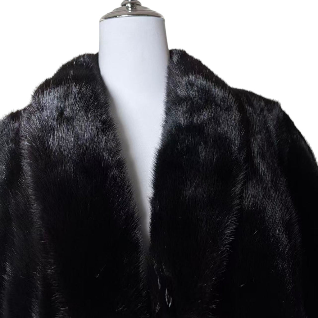 REAL MINK FUR COAT JACKET MID-LENGTH SHAWL COLLAR BLACK SIZE M FROM JAPAN