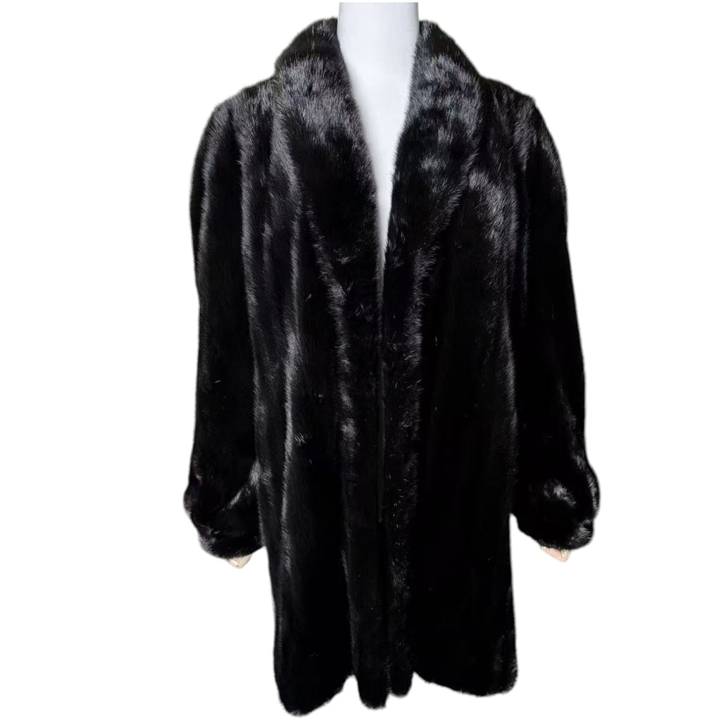 REAL MINK FUR COAT JACKET MID-LENGTH SHAWL COLLAR BLACK SIZE M FROM JAPAN