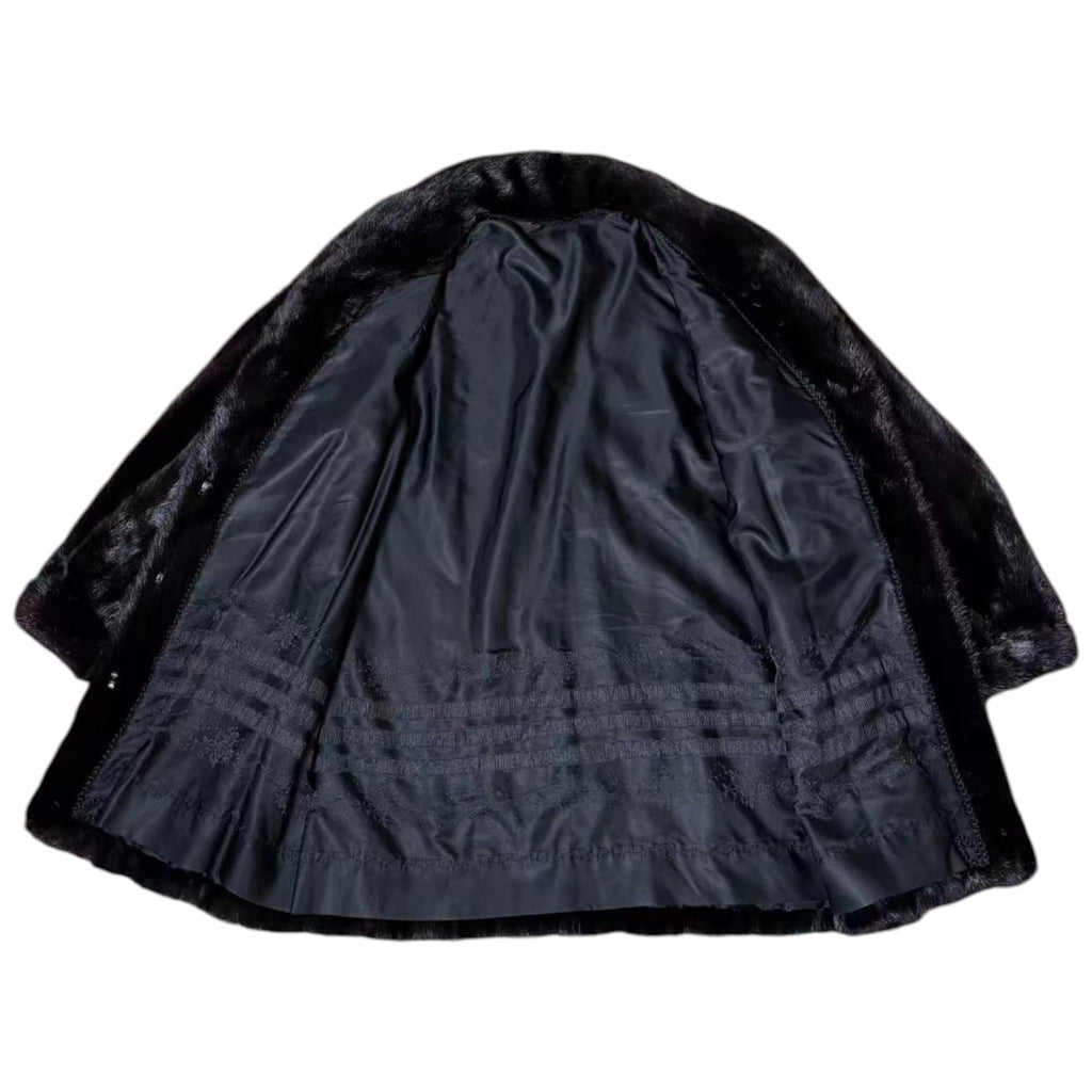 REAL MINK FUR COAT JACKET MID-LENGTH SHAWL COLLAR BLACK SIZE M FROM JAPAN