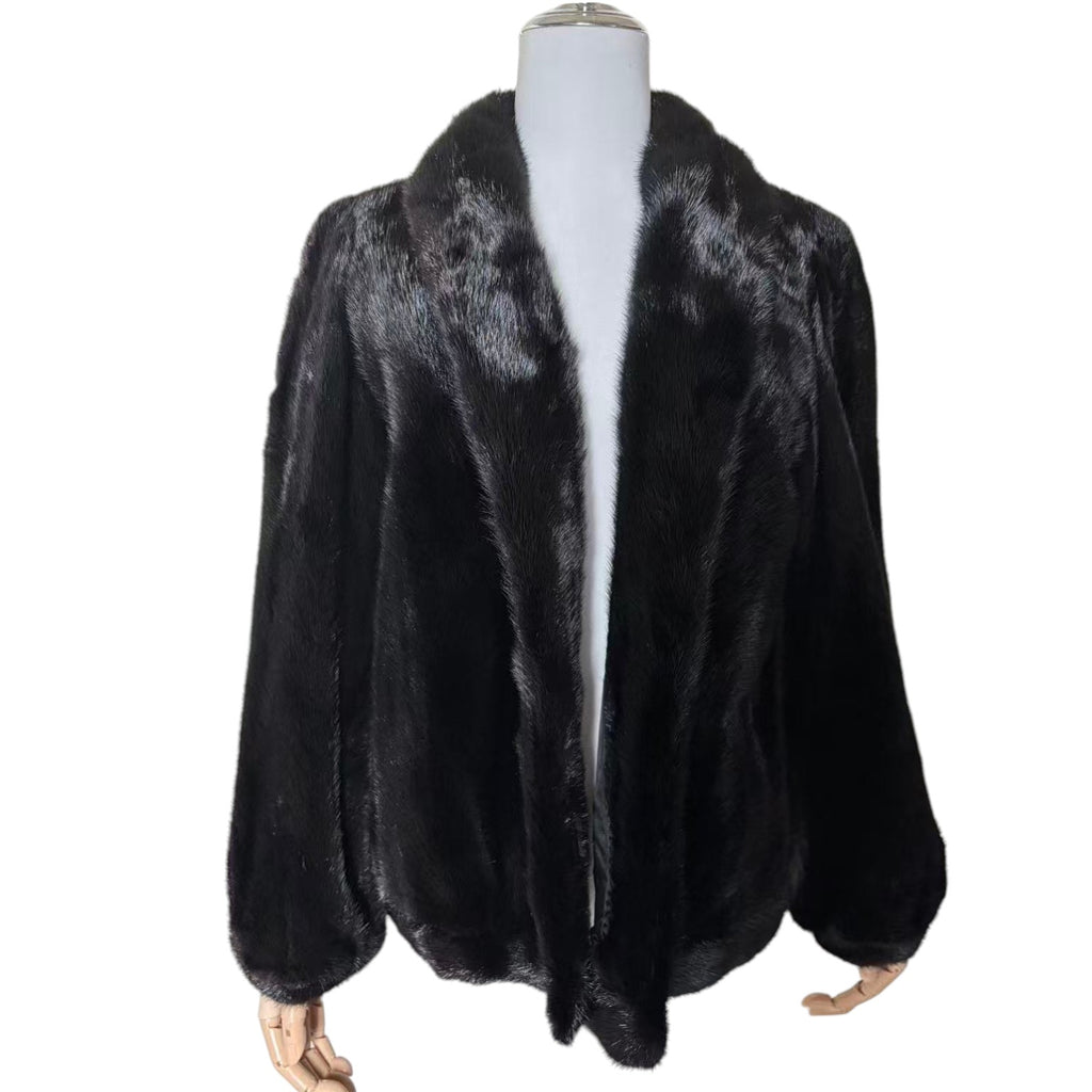 SAGA MINK REAL FUR COAT JACKET SHORT SHAWL COLLAR BLACK SIZE 11 M JAPAN