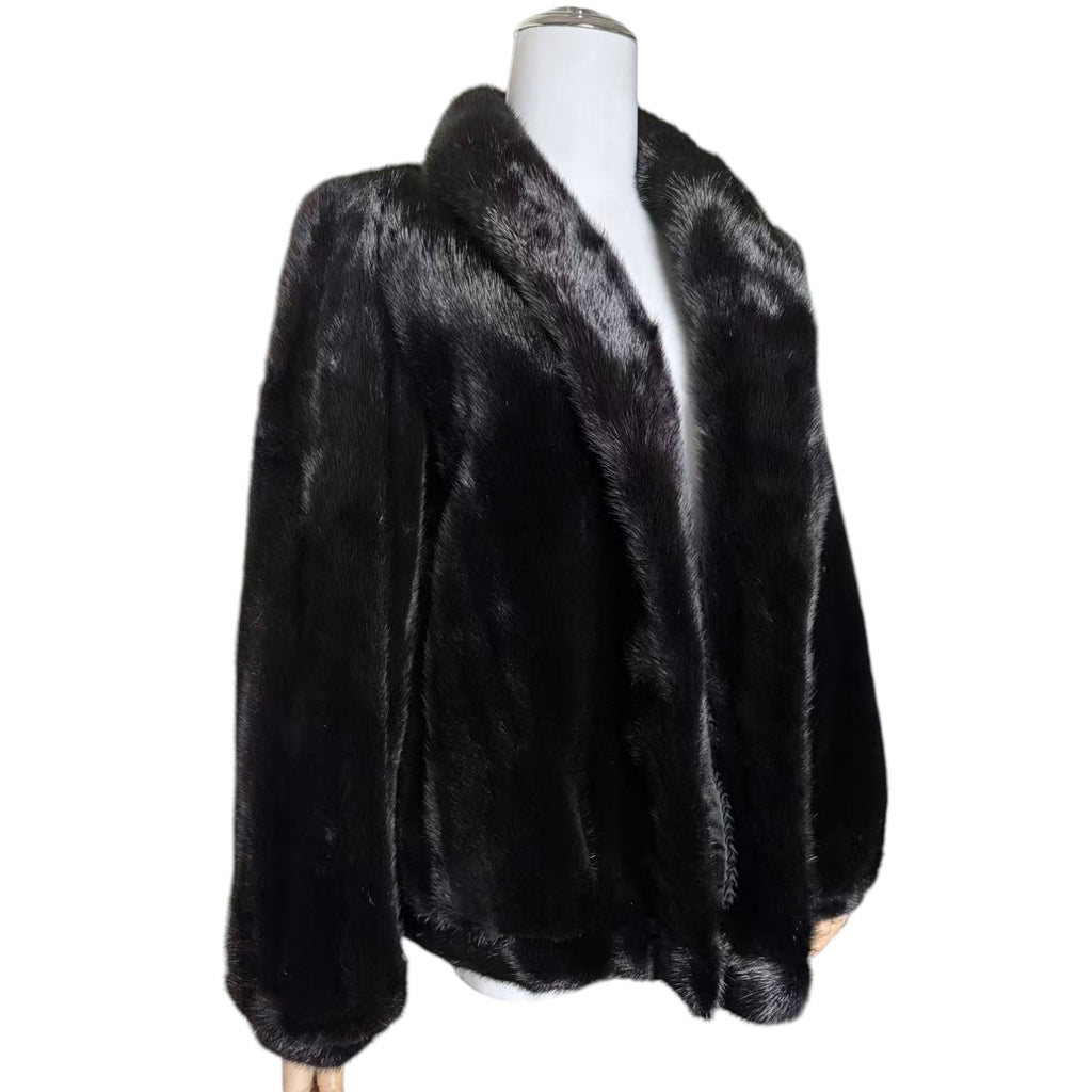 SAGA MINK REAL FUR COAT JACKET SHORT SHAWL COLLAR BLACK SIZE 11 M JAPAN