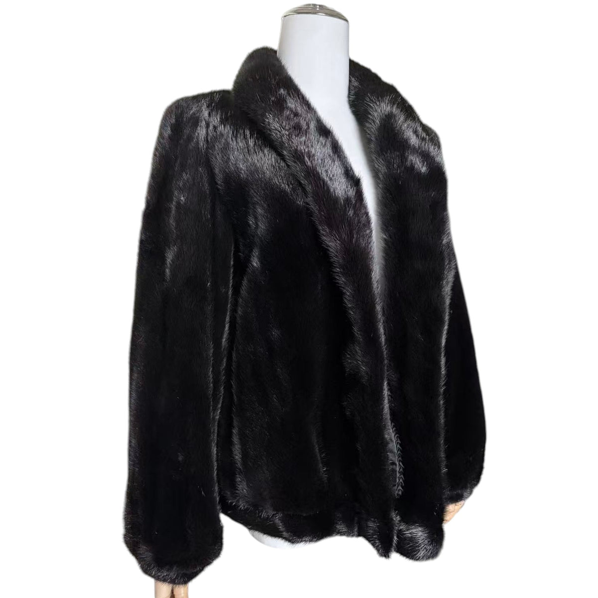 SAGA MINK REAL FUR COAT JACKET SHORT SHAWL COLLAR BLACK SIZE 11 M JAPAN