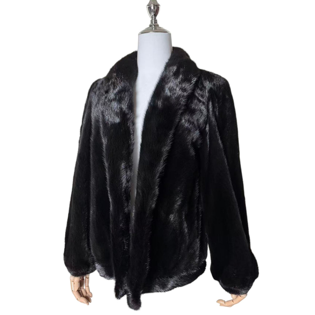 SAGA MINK REAL FUR COAT JACKET SHORT SHAWL COLLAR BLACK SIZE 11 M JAPAN