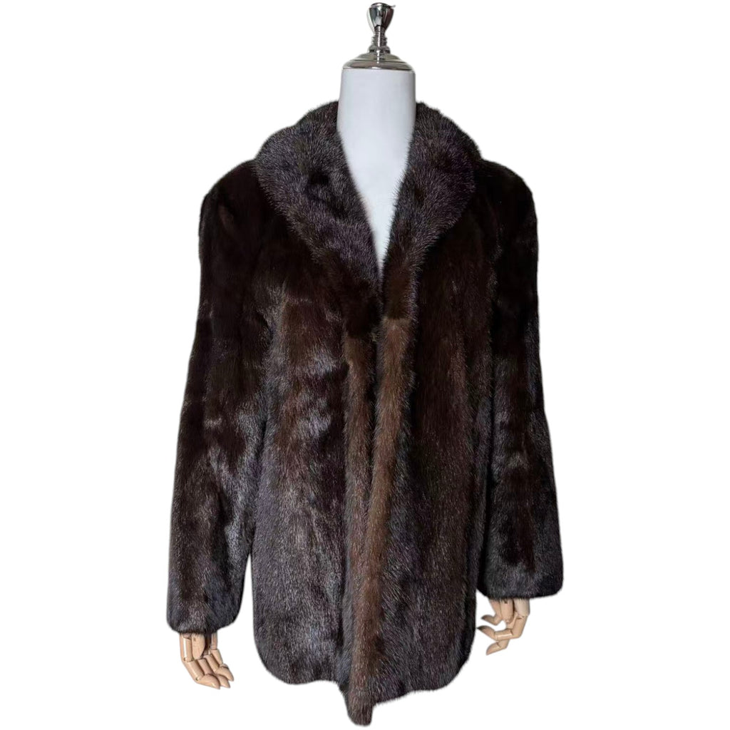 REAL MINK FUR COAT JACKET MID-LENGTH SHAWL COLLAR DARK BROWN FROM JAPAN
