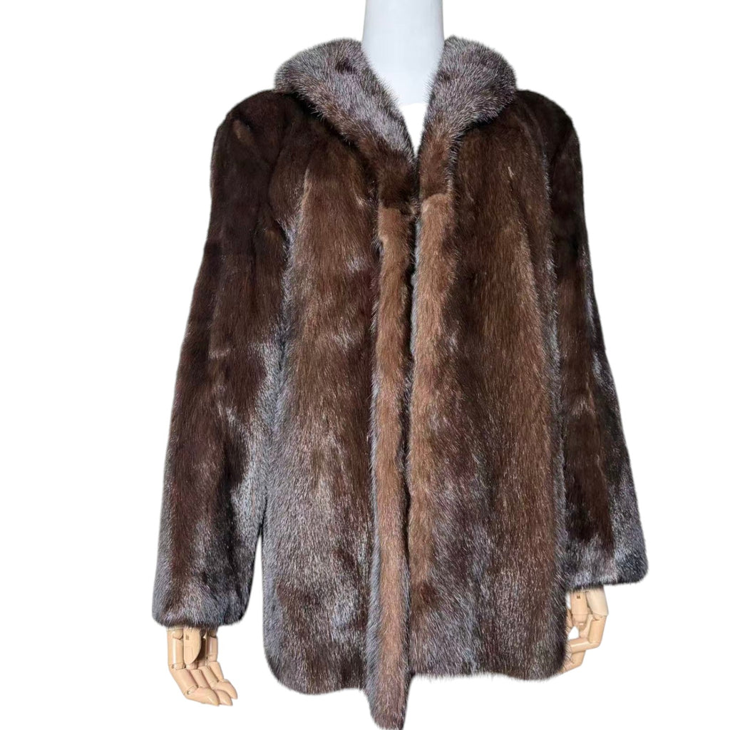 REAL MINK FUR COAT JACKET MID-LENGTH SHAWL COLLAR DARK BROWN FROM JAPAN