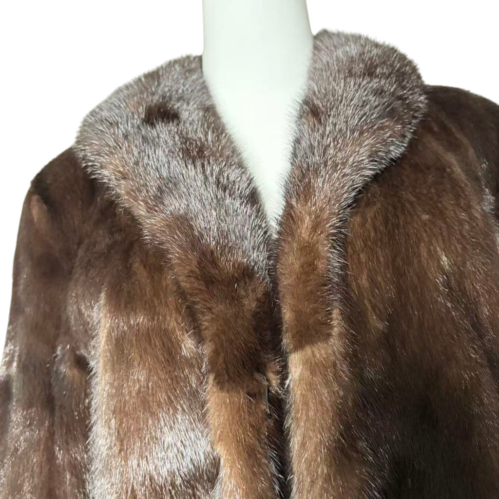 REAL MINK FUR COAT JACKET MID-LENGTH SHAWL COLLAR DARK BROWN FROM JAPAN