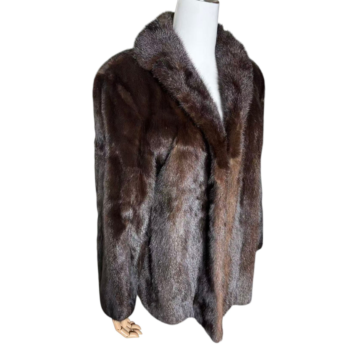 REAL MINK FUR COAT JACKET MID-LENGTH SHAWL COLLAR DARK BROWN FROM JAPAN