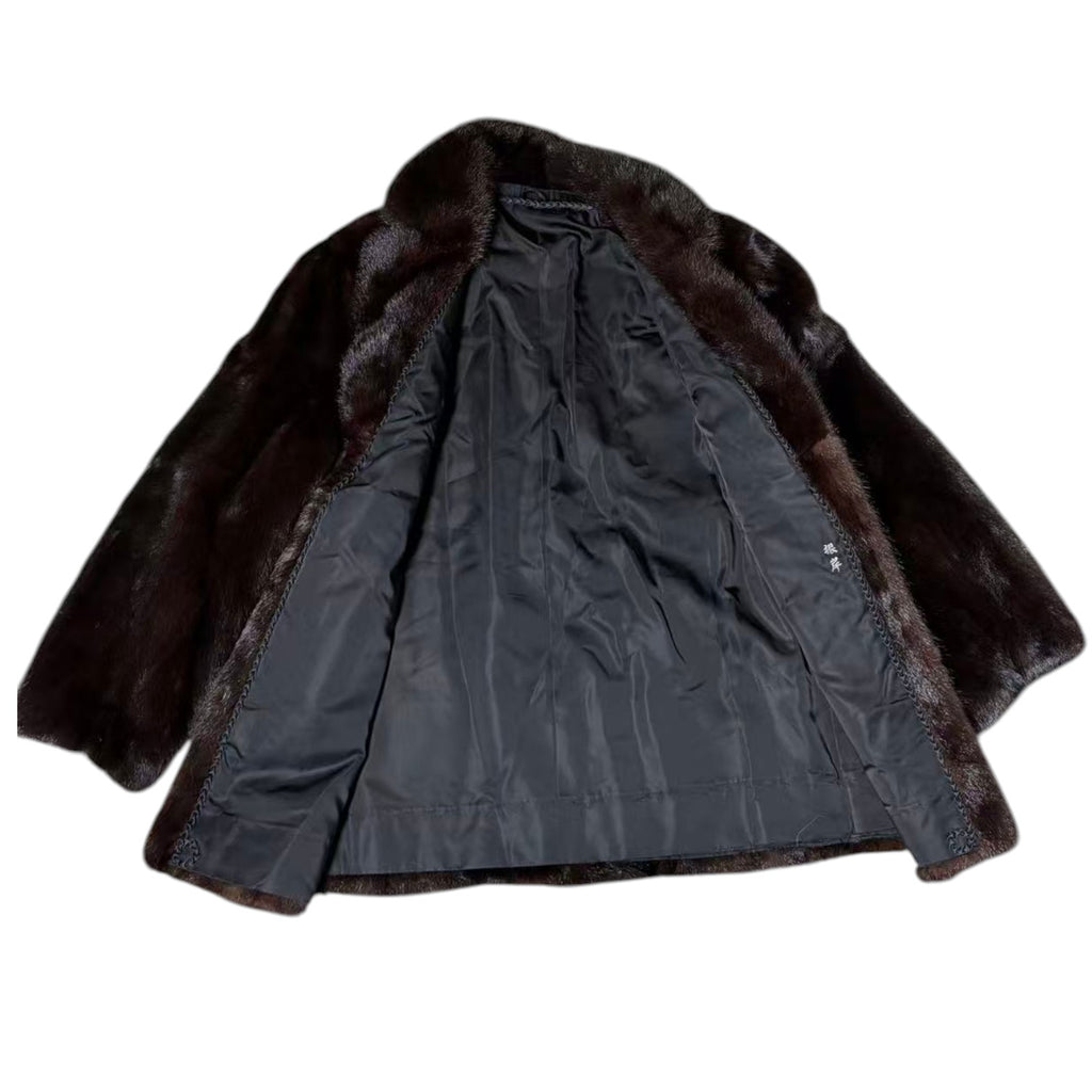 REAL MINK FUR COAT JACKET MID-LENGTH SHAWL COLLAR DARK BROWN FROM JAPAN