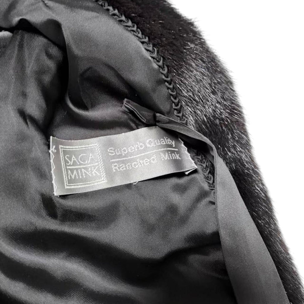 SAGA MINK SUPERB QUALITY REAL FUR COAT JACKET SHAWL COLLAR BLACK JAPAN