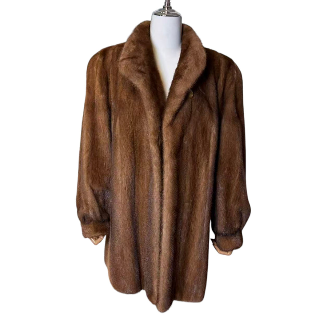 PASTEL MINK REAL FUR MID-LENGTH COAT JACKET SHAWL COLLAR SIZE L JAPAN