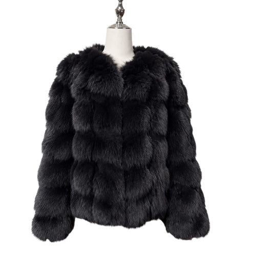 26-235 BLUE FOX REAL FUR SHORT COAT JACKET FLUFFY WARM SIZE M DARK BLUE