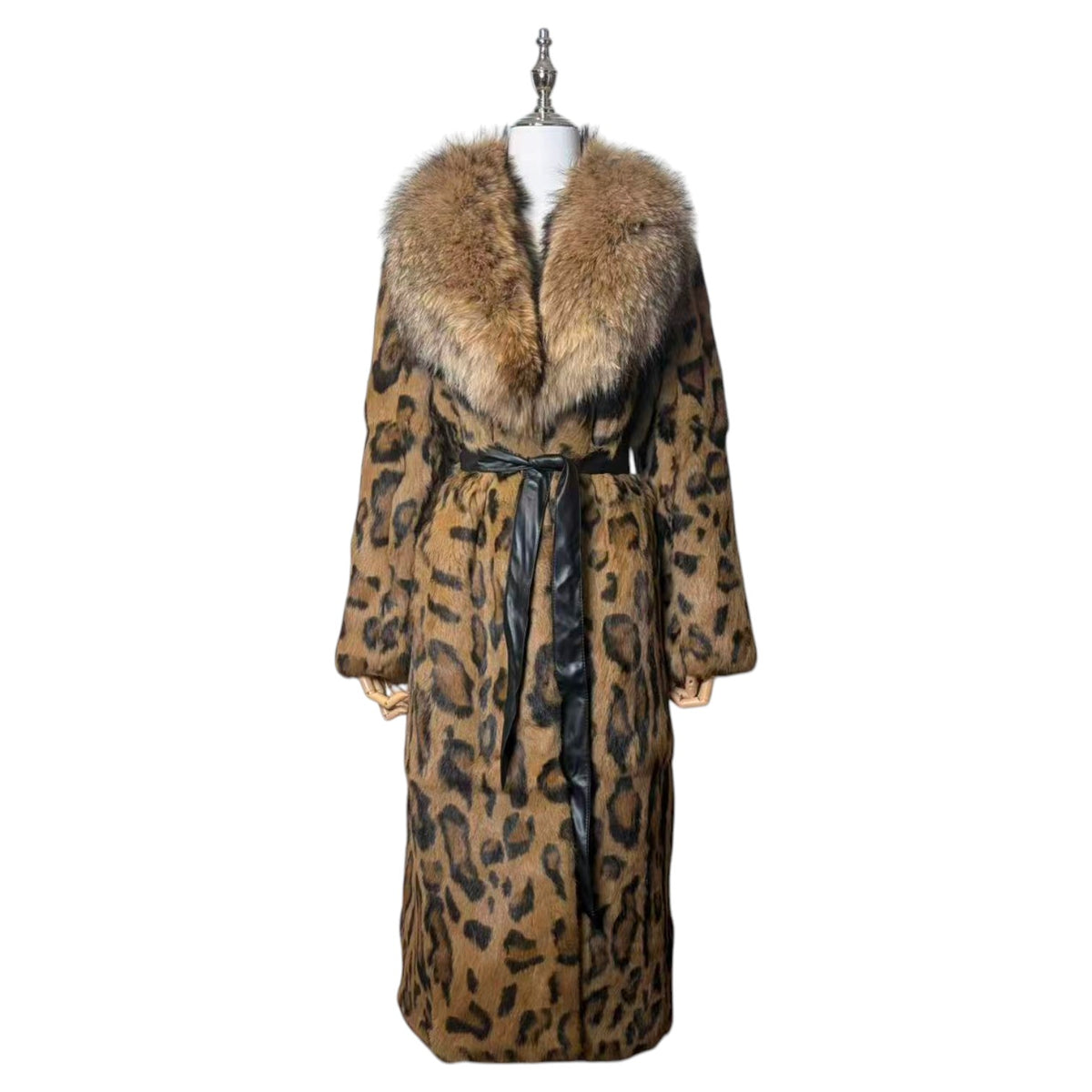 26-236 REAL RABBIT FUR LEOPARD PRINT LONG COAT FOX COLLAR BELTED XL FROM JAPAN image 1