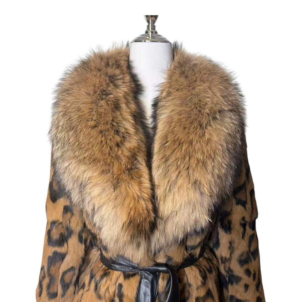 26-236 REAL RABBIT FUR LEOPARD PRINT LONG COAT FOX COLLAR BELTED XL FROM JAPAN image 2