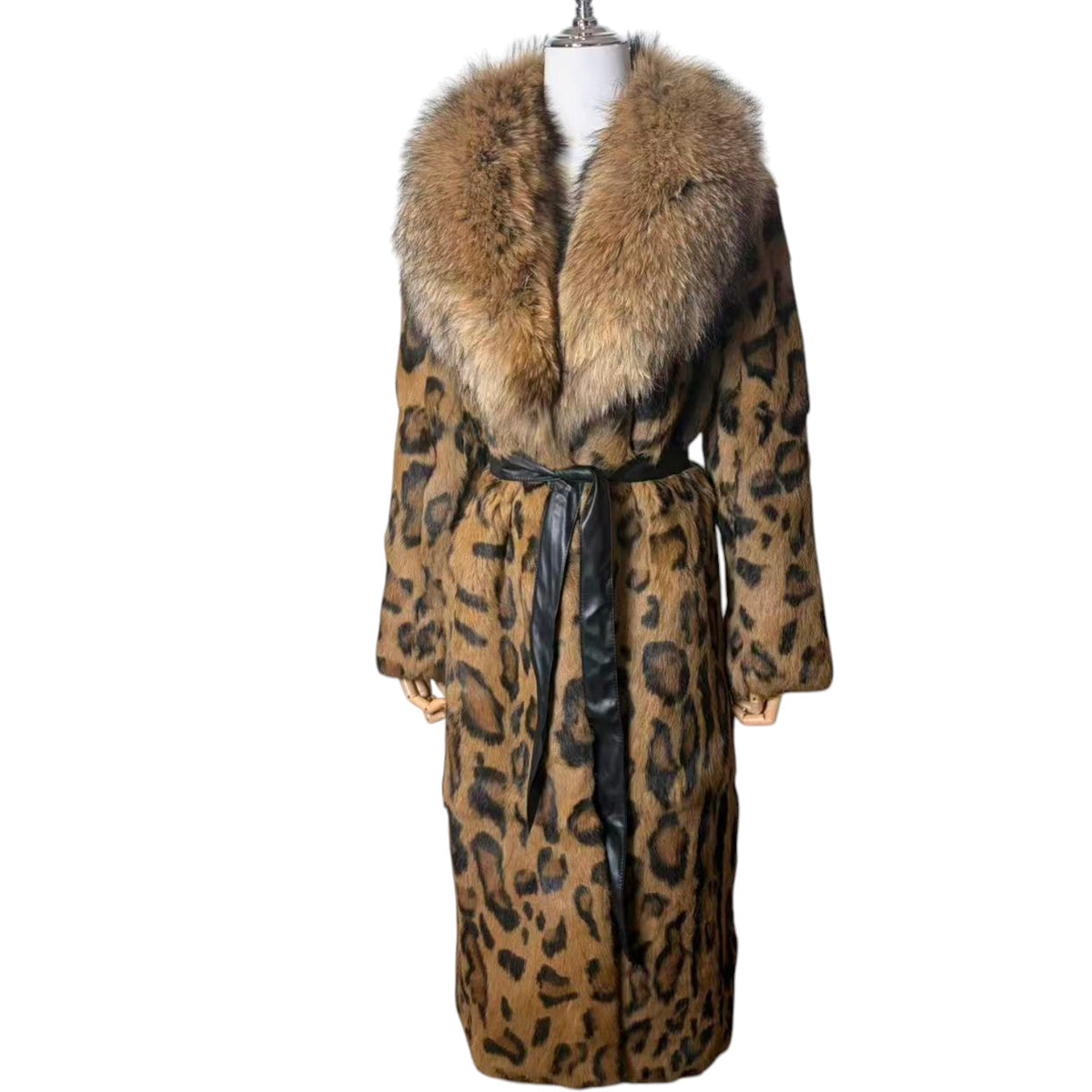 26-236 REAL RABBIT FUR LEOPARD PRINT LONG COAT FOX COLLAR BELTED XL FROM JAPAN image 3