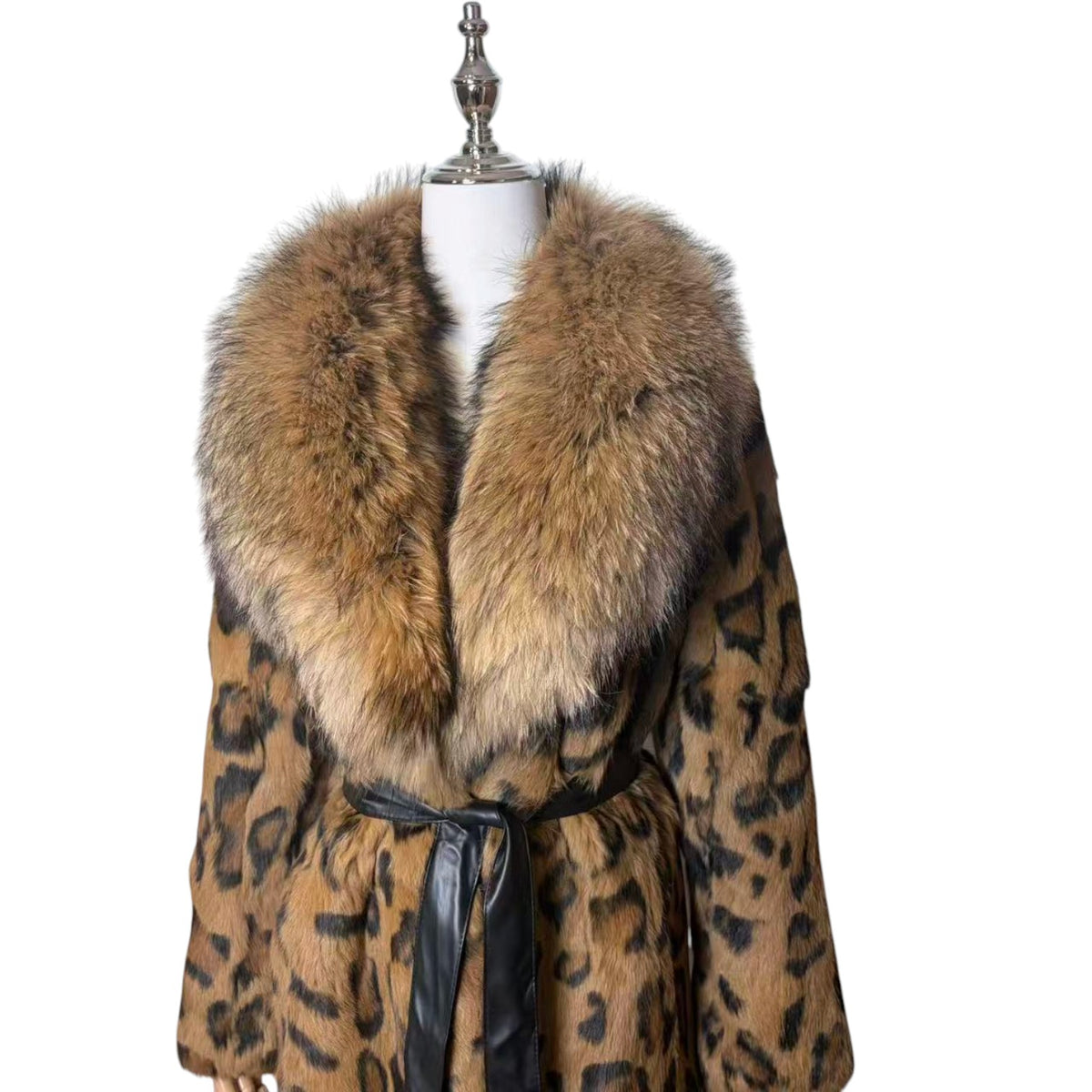 26-236 REAL RABBIT FUR LEOPARD PRINT LONG COAT FOX COLLAR BELTED XL FROM JAPAN image 4