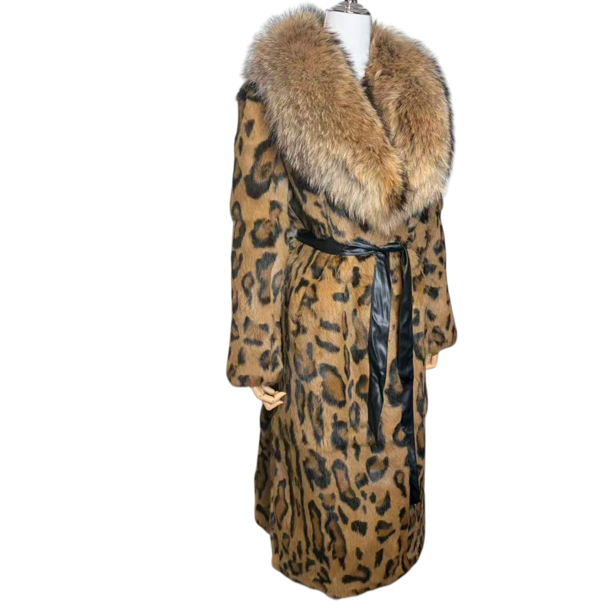 26-236 REAL RABBIT FUR LEOPARD PRINT LONG COAT FOX COLLAR BELTED XL FROM JAPAN image 5