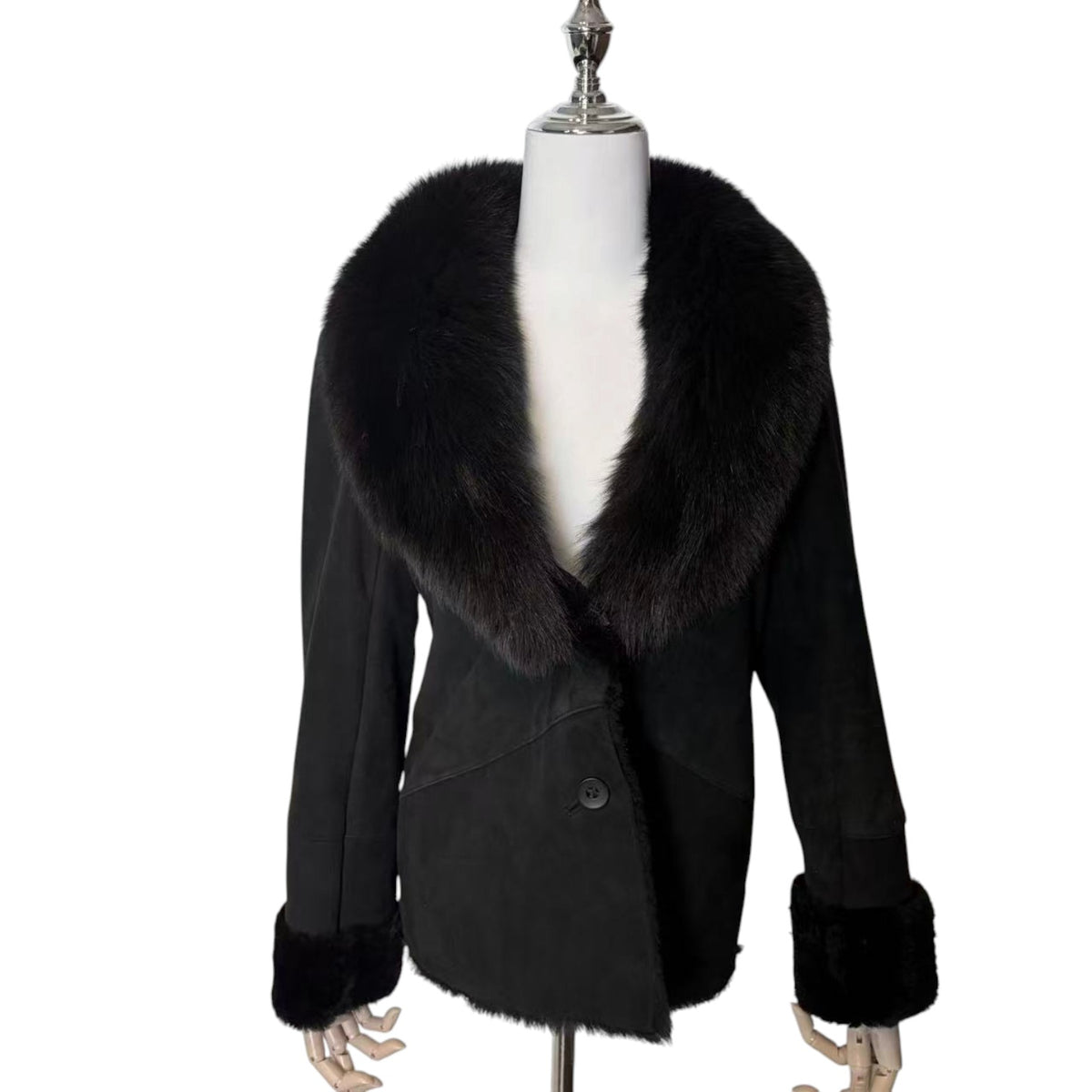 26-237 MIA CARNA SHEEPSKIN SHEARLING LEATHER JACKET FUR COLLAR CUFFS CHARCOAL GREY image 1