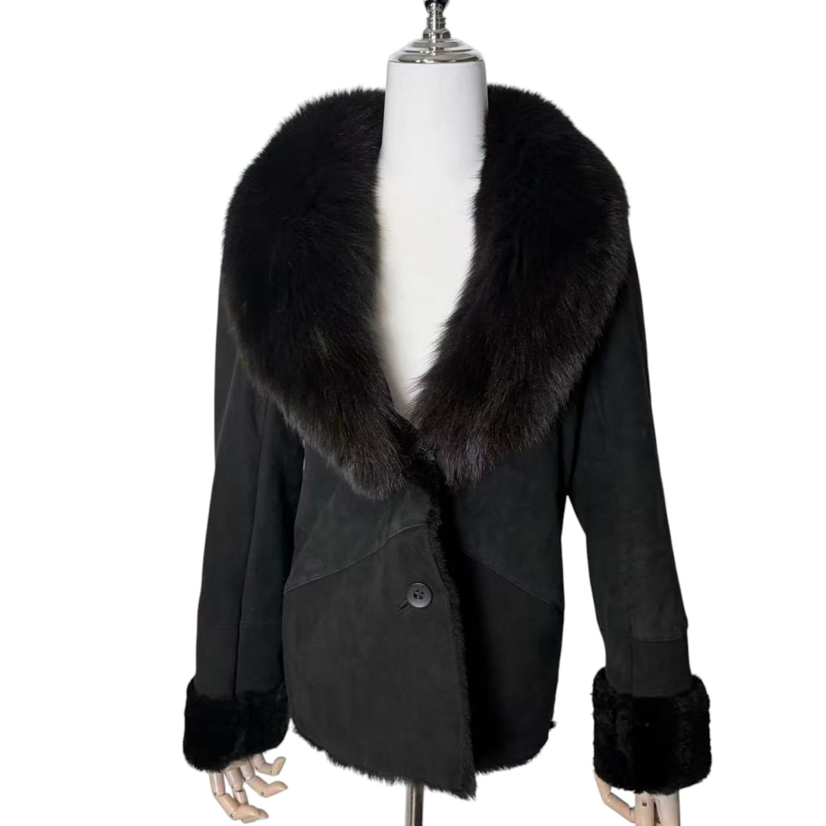 26-237 MIA CARNA SHEEPSKIN SHEARLING LEATHER JACKET FUR COLLAR CUFFS CHARCOAL GREY image 2