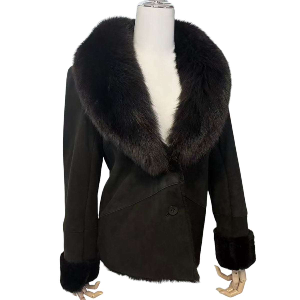 26-237 MIA CARNA SHEEPSKIN SHEARLING LEATHER JACKET FUR COLLAR CUFFS CHARCOAL GREY image 3
