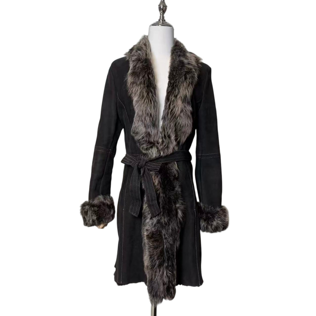 26-238 LEE & TAILOR MOUTON SHEEPSKIN FUR LONG COAT JACKET BELTED BLACK SIZE M JAPAN