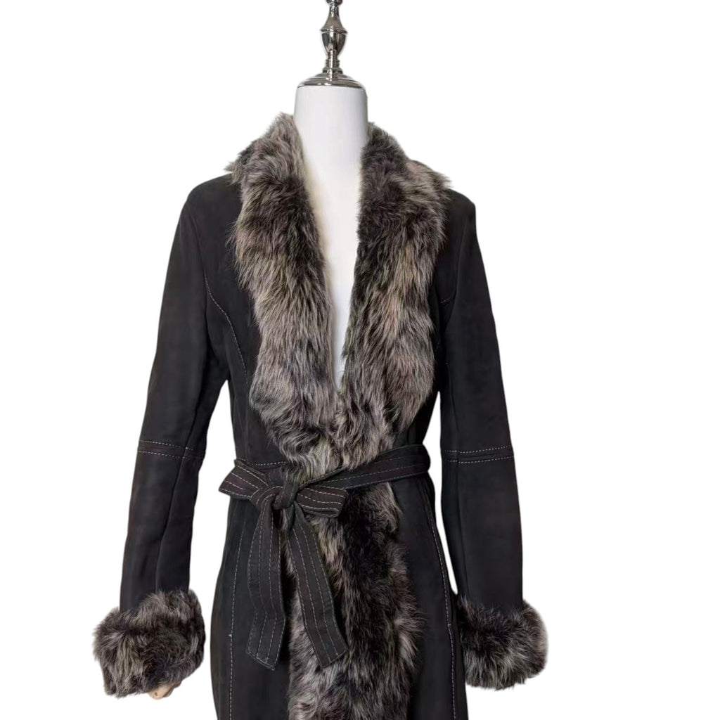 26-238 LEE & TAILOR MOUTON SHEEPSKIN FUR LONG COAT JACKET BELTED BLACK SIZE M JAPAN