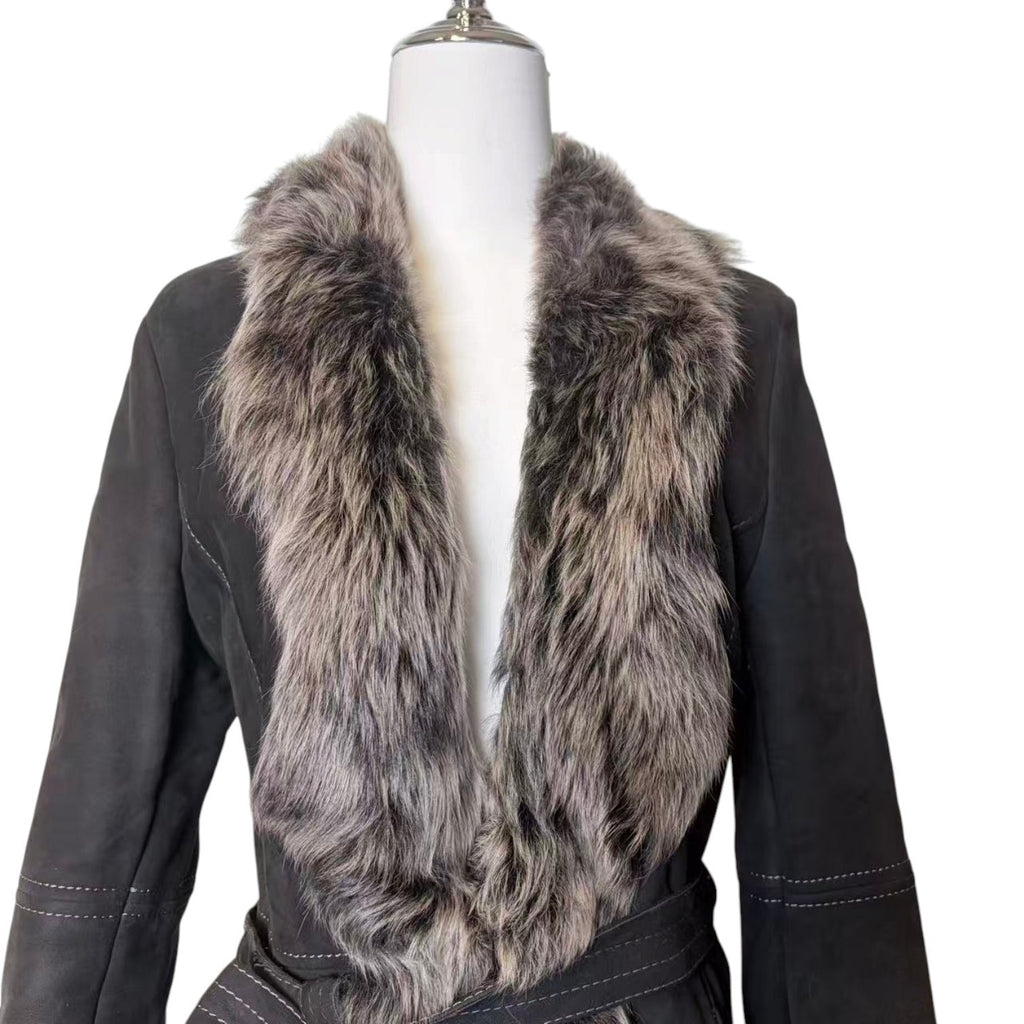 26-238 LEE & TAILOR MOUTON SHEEPSKIN FUR LONG COAT JACKET BELTED BLACK SIZE M JAPAN