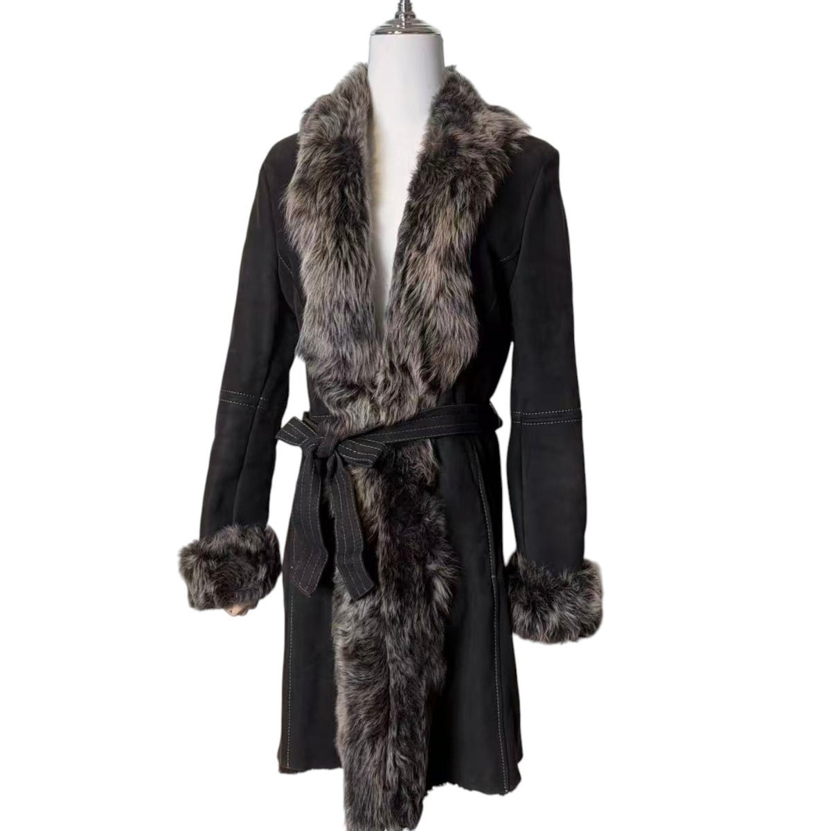 26-238 LEE & TAILOR MOUTON SHEEPSKIN FUR LONG COAT JACKET BELTED BLACK SIZE M JAPAN