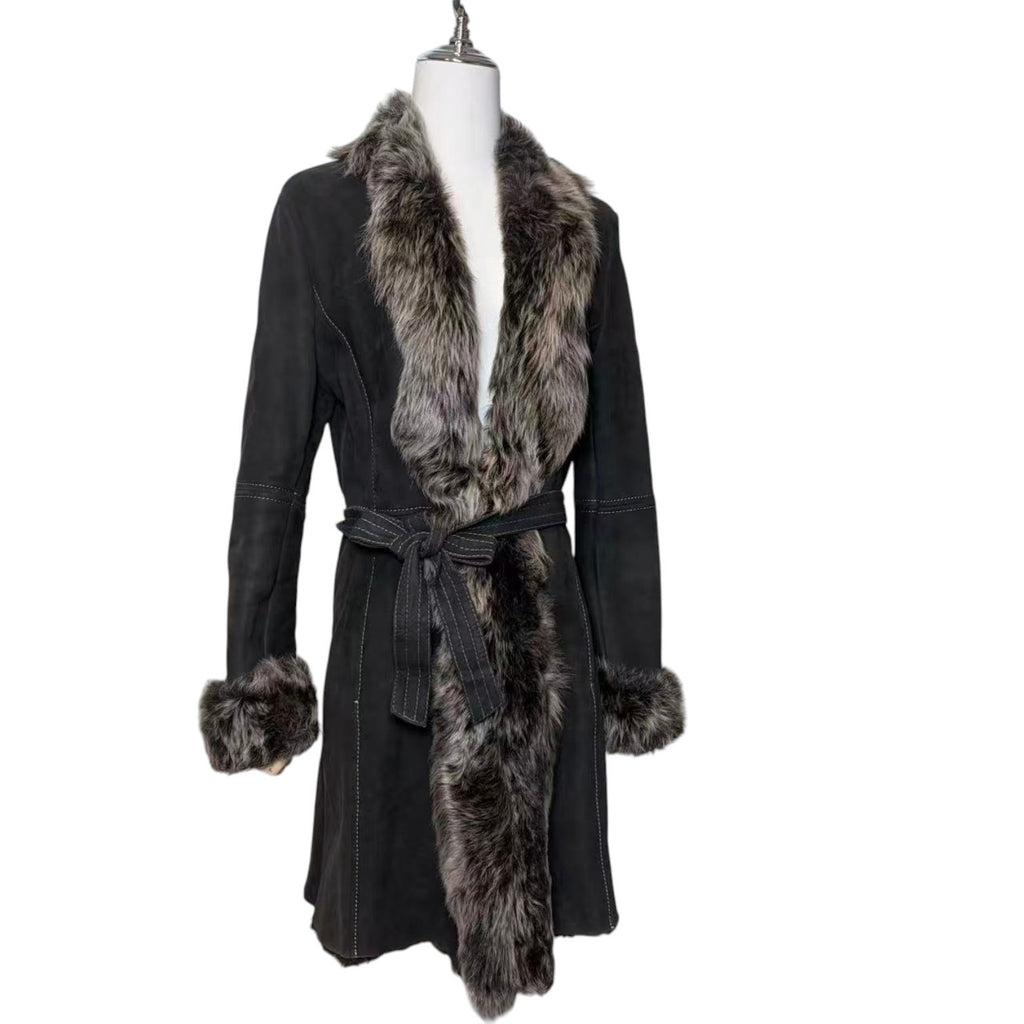 26-238 LEE & TAILOR MOUTON SHEEPSKIN FUR LONG COAT JACKET BELTED BLACK SIZE M JAPAN