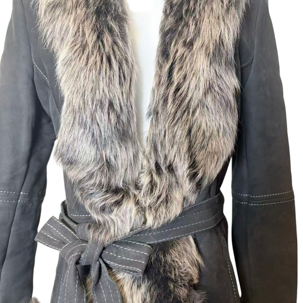 26-238 LEE & TAILOR MOUTON SHEEPSKIN FUR LONG COAT JACKET BELTED BLACK SIZE M JAPAN