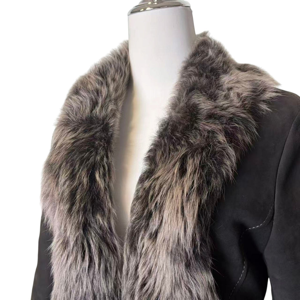 26-238 LEE & TAILOR MOUTON SHEEPSKIN FUR LONG COAT JACKET BELTED BLACK SIZE M JAPAN