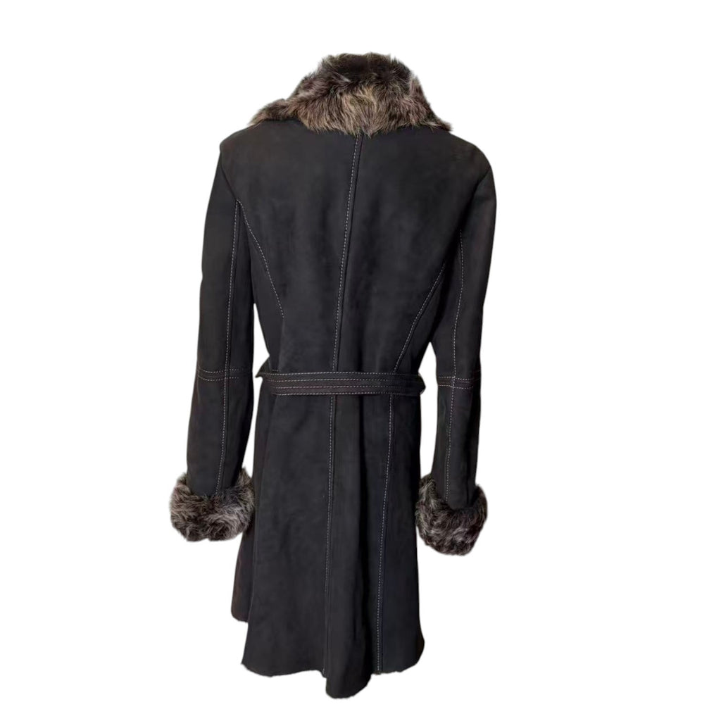 26-238 LEE & TAILOR MOUTON SHEEPSKIN FUR LONG COAT JACKET BELTED BLACK SIZE M JAPAN