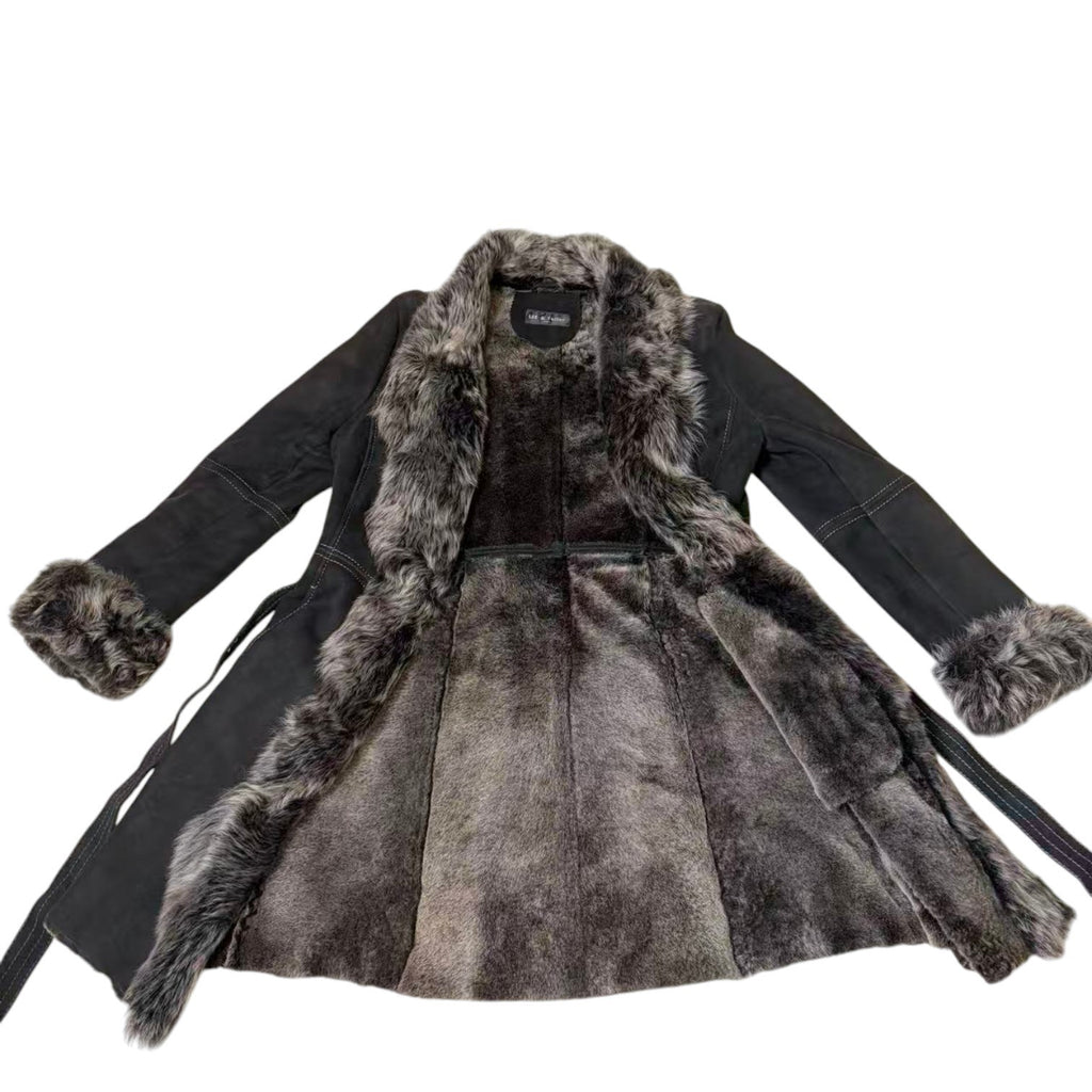 26-238 LEE & TAILOR MOUTON SHEEPSKIN FUR LONG COAT JACKET BELTED BLACK SIZE M JAPAN