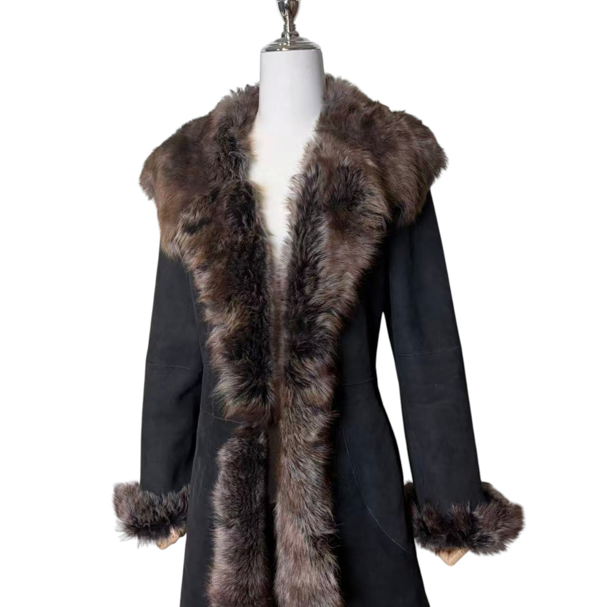 26-239 MERION SHEEPSKIN SHEARLING FUR COAT DARK GREY SHAWL COLLAR LONG JACKET M image 2