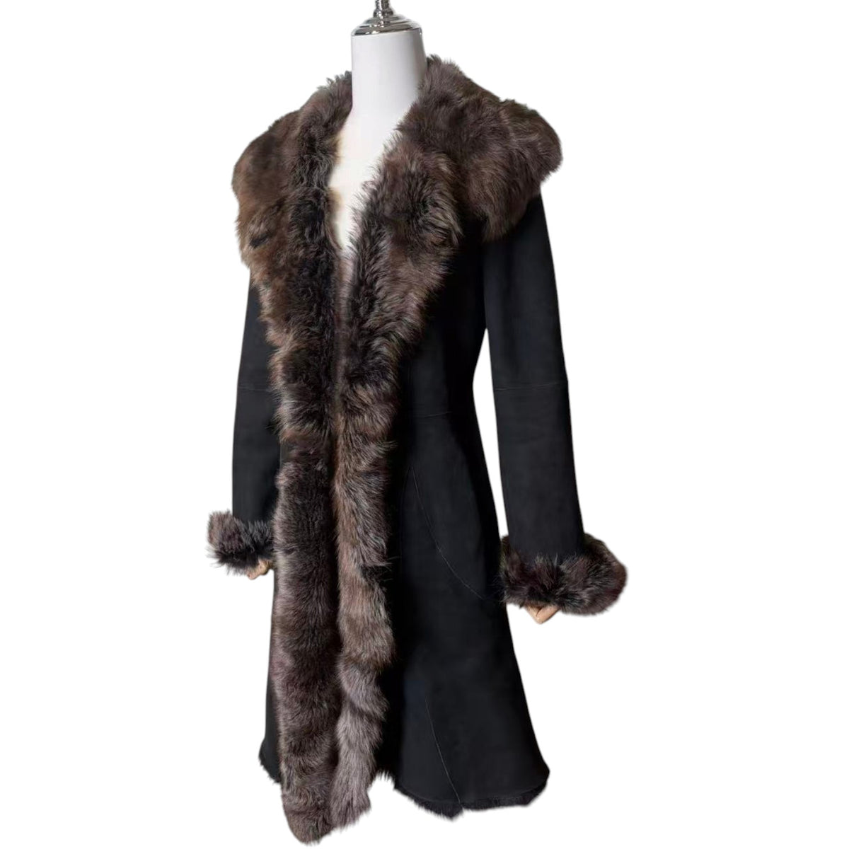 26-239 MERION SHEEPSKIN SHEARLING FUR COAT DARK GREY SHAWL COLLAR LONG JACKET M image 3