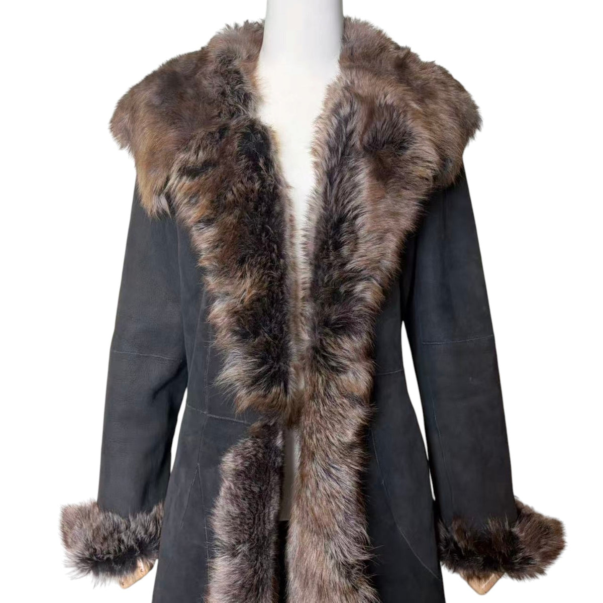 26-239 MERION SHEEPSKIN SHEARLING FUR COAT DARK GREY SHAWL COLLAR LONG JACKET M image 4