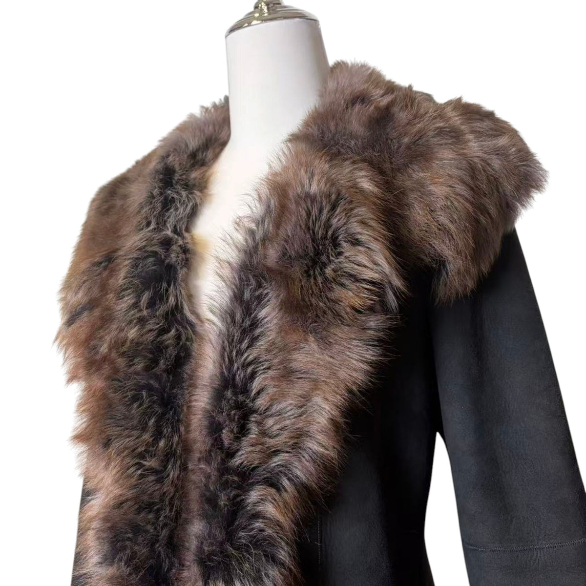 26-239 MERION SHEEPSKIN SHEARLING FUR COAT DARK GREY SHAWL COLLAR LONG JACKET M image 5