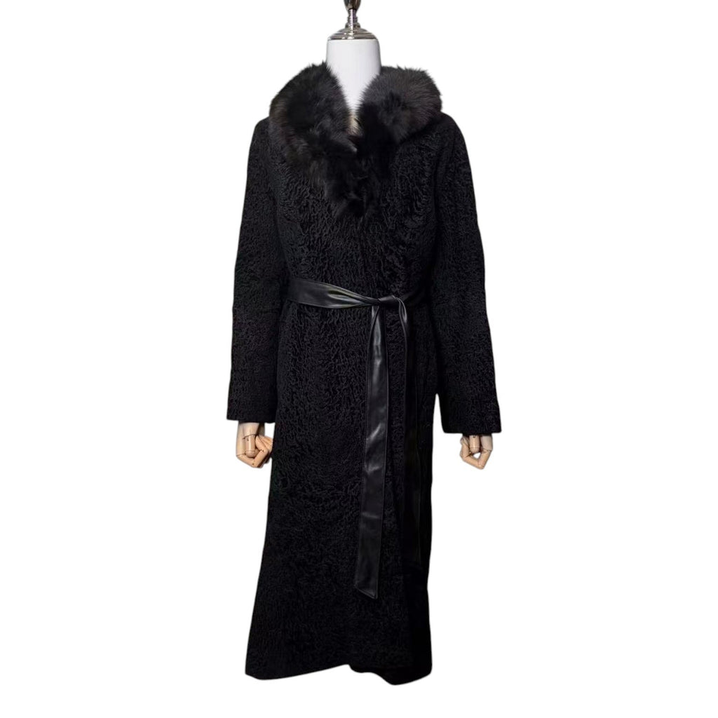 26-240 ARIANNA SWAKARA KARAKUL FUR COLLAR LONG COAT OVERCOAT BLACK SIZE S/M JAPAN